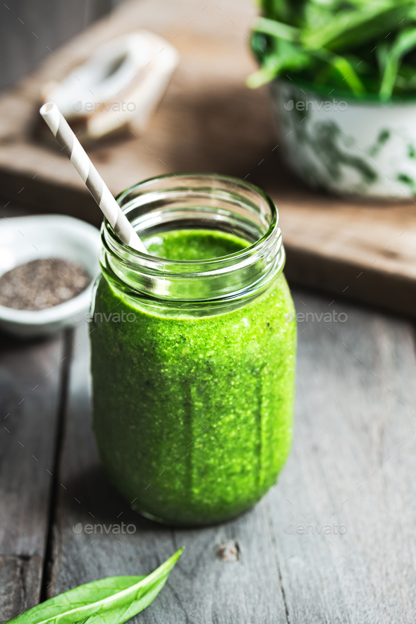 Spinach with Coconut water,Chia seed Smoothie Stock Photo by vanillaechoes